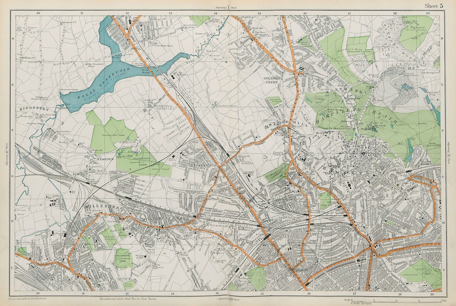 HAMPSTEAD WILLESDEN Cricklewood Golders Green Kilburn Belsize Pk BACON  1913 map